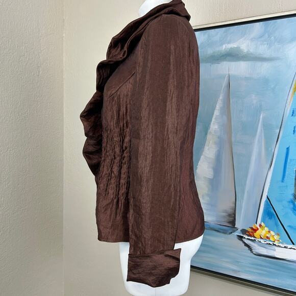 Samual Dong Blouse Brown shimmer ruffle front zip size med - Picture 2 of 4